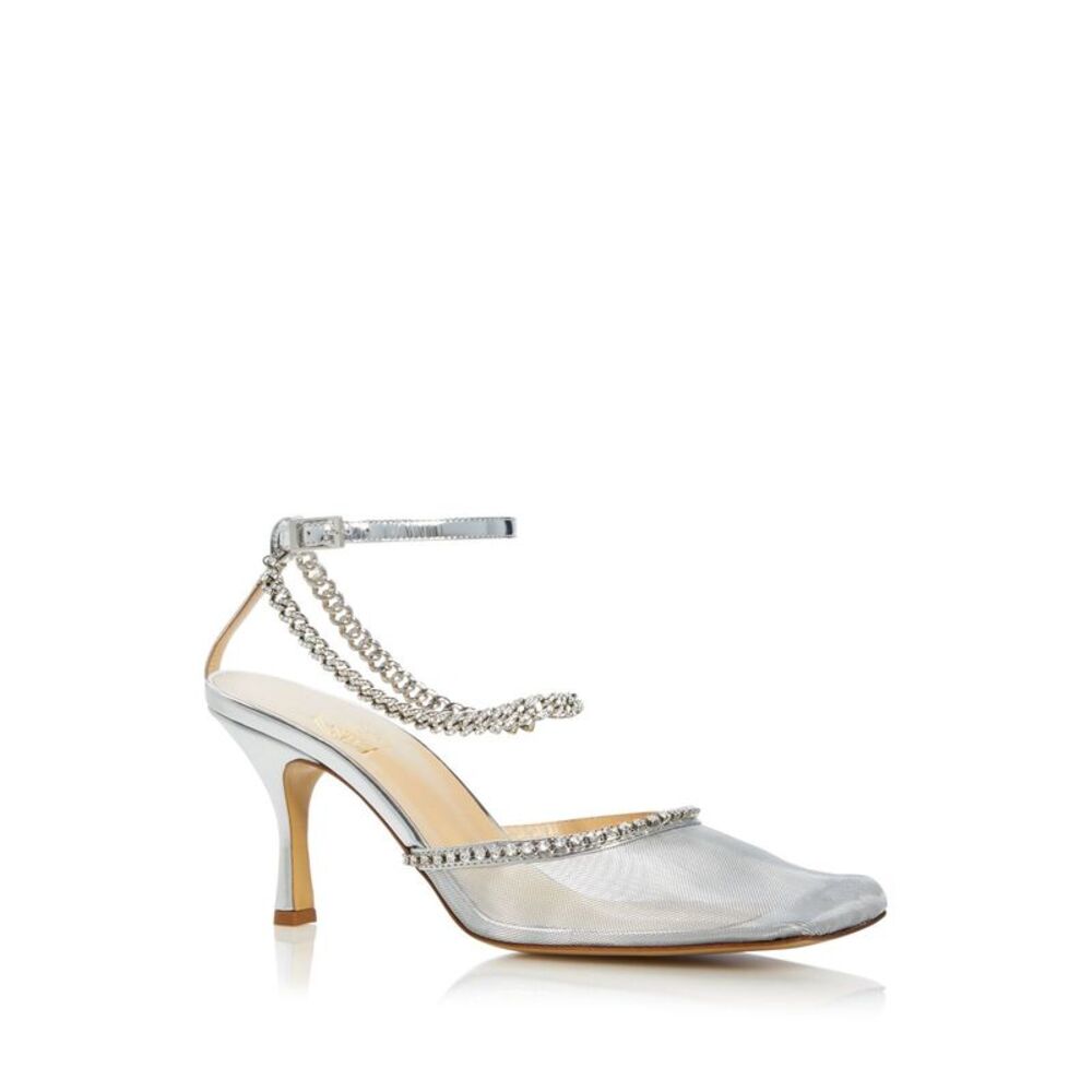 NALEBE Womens Silver Chain Crystal Mesh Stellar Square Toe Stiletto Pumps 38